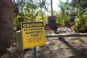 In front of a circle of honeybee hive boxes, a yellow sign reads, "CAUTION No Trespassing Honeybee Yard. Do not disturb the honeybees. Their pollinating work ensures your food supplies."