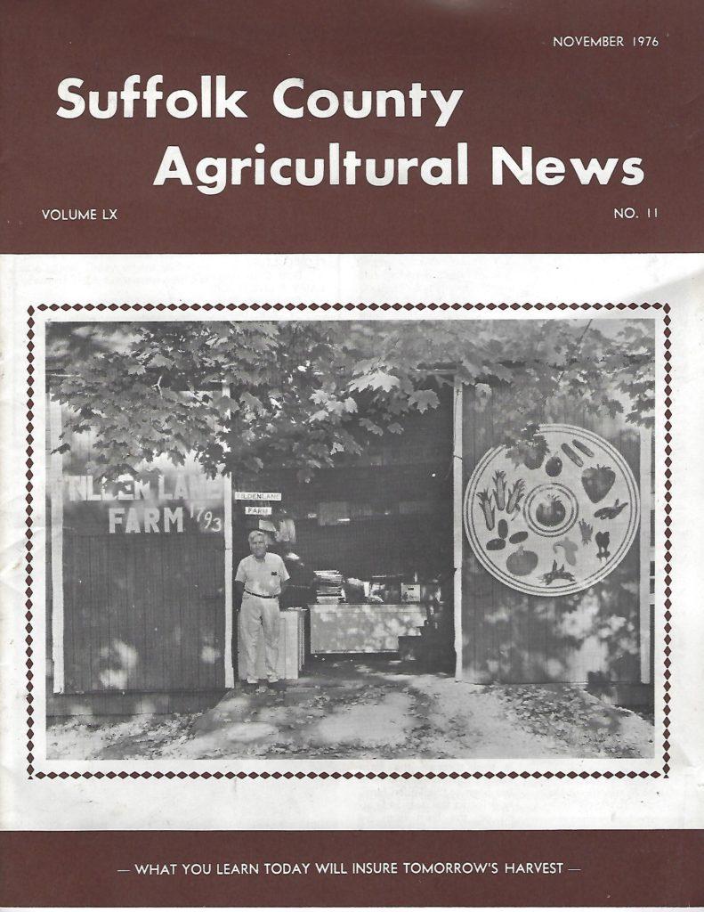 In a photograph from the November 1976 issue of Suffolk County Agricultural News, Herbert is shown standing in the doorway of the barn. On once side of the door is a large circular sign painted with various vegetables and fruits. On the other is a large sign reading Tilden Lane Farm 1793. Behind Herbert, te farmstand can been seen inside the barn.